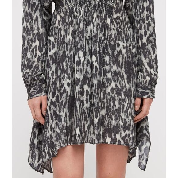 All Saints Nichola Gray Leopard Animal V-Neck Handkerchief Mini Dress Size M - Picture 2 of 15